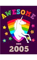 Awesome Since 2005: Unicorn Blank Cursive Hand Writing Calligraphy Notebook Paper Purple Cover for Young Girls Born this Year Kids Practice Alphabet Letters & Learn to 