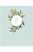 P: 110 Dot-Grid Pages - Light Blue Green Monogram Journal and Notebook with a Simple Vintage Floral Green Leaves Design - Personalized Initial Letter J