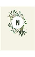 N: 110 Dot-Grid Pages - Light Green Monogram Journal and Notebook with a Simple Vintage Floral Green Leaves Design - Personalized Initial Letter Journa