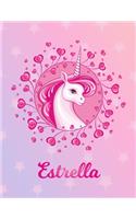 Estrella: Unicorn Large Blank Primary Handwriting Learn to Write Practice Paper for Girls - Pink Purple Magical Horse Personalized Letter E Initial Custom Fir