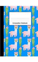 Composition Notebook: Wide Ruled Notebook Cute Llama Cactus on Blue Design Cover