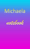 Michaela: Blank Notebook - Wide Ruled Lined Paper Notepad - Writing Pad Practice Journal - Custom Personalized First Name Initial M Blue Purple Gold - Taking 