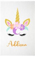 Addison A5 Lined Notebook 110 Pages: Funny Blank Journal For Lovely Magical Unicorn Face Dream Family First Name Middle Last Surname. Unique Student Teacher Scrapbook/ Composition Great