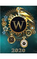 Weekly Planner Initial "W" Monogram 2020: Steampunk Teal Falcon and Clock Personalized 12-Month Large Print Letter-Sized Schedule Organizer by Week Cornell Notes Monthly Calendar Printed and