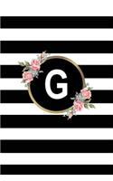 G: Letter G Monogram Personalized Journal, Floral Black & White Stripe Monogrammed Notebook - Blank Lined 6x9 Inch College Ruled 120 Page Perfect Bound