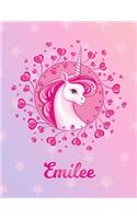 Emilee: Unicorn Large Blank Primary Handwriting Learn to Write Practice Paper for Girls - Pink Purple Magical Horse Personalized Letter E Initial Custom Fir