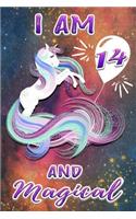 I Am 14 and Magical: Cute Unicorn Happy 14 Birthday Gift Notebook for Girls: Beautiful Galaxy Space Cover