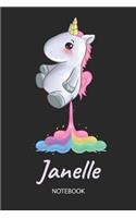 Janelle - Notebook: Blank Lined Personalized & Customized Name Rainbow Farting Unicorn School Notebook / Journal for Girls & Women. Funny Unicorn Desk Accessories for K