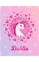 Dahlia: Unicorn Large Blank Primary Handwriting Learn to Write Practice Paper for Girls - Pink Purple Magical Horse Personalized Letter D Initial Custom Fir