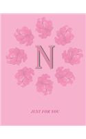 N: Monogram Initial N Letter Ruled Notebook for Women, Girl and School, Pink Floral Cover 8.5'' x 11'', 100 pages