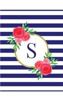 Navy and White Striped Coral Floral Monogram Journal with Letter S