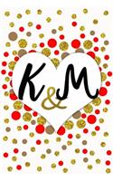 K and M Personalized Monogrammed notebook journal gift with Two Initials for Couples and lovers on valentine's day, wedding anniversary and special occasions with beautiful golden glitter red and confetti cover