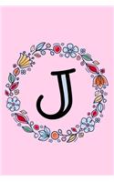 J: Letter J Monogrammed Bullet Journal - Pink, Blue & Red Floral Doodle Wreath Monogram Dotted Bujo Note Book with Initial for Creative Journaling - Pe