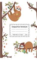 Composition notebook: adorable sloth: Female sloth wearing a headband and holding a gift box and hipster baby sloth sleeping on the tree with adorable forest animals, flo