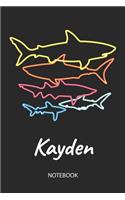 Kayden - Notebook: Blank Lined Personalized & Customized Name 80s Neon Retro Shark Notebook Journal for Men & Boys. Funny Sharks Desk Accessories Item for 1st Grade / 