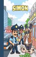 Simon: First Name Personalized Sketchbook with Large Blank Pages Pad for Drawing, Doodling and Sketching. Colorful Police Officers Cartoon Cover for Kids, 