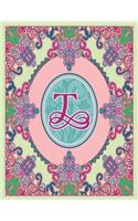 Journal Notebook Initial Letter "T" Monogram: Fun, Decorative Wide-Ruled Diary. Featuring a Unique Pink and Teal Design with Pistachio Green Background. Ovals frame wild flowers and a dark pink (20 Journal 8.5x11 Pink Teal Scroll Frame Wildflowers Initial Letter Monogram)