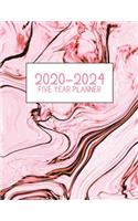2020-2024 Five Year Planner: Jan 2020-Dec 2024, 5 Year Planner, pink, black, orange marble digital paper cover, featuring 2020-2024 Overview, daily, weekly, monthly view, areas 