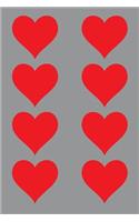 100 Page Unlined Notebook - Red Hearts on Gray / Grey