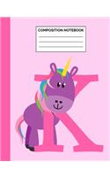 Composition Notebook: Letter K Initial Unicorn Monogram Pink Purple Wide Ruled Lined Note Book - Cute Exercise Book & Journal with Lines for Kids Teens Students or Teache