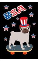 USA: Pug Dog Skateboarding Red White And Blue Stars Notebook Journal To Write In