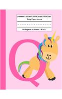 Primary Composition Notebook: Letter Q Initial Unicorn Monogram Pink Purple Story Note Book w/ Writing, Drawing & Picture Space - Cute Draw and Write Journal with Dashed Midline 