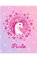 Paola: Unicorn Large Blank Primary Handwriting Learn to Write Practice Paper for Girls - Pink Purple Magical Horse Personalized Letter P Initial Custom Fir