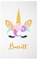 Barrett A5 Lined Notebook 110 Pages: Funny Blank Journal For Lovely Magical Unicorn Face Dream Family First Name Middle Last Surname. Unique Student Teacher Scrapbook/ Composition Great