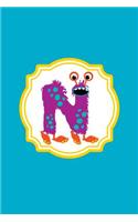 Monster Monogram Journal - Letter N: Shaggy Polka Dot Purple Monster in Shape of a Letter N on Multi Color Background