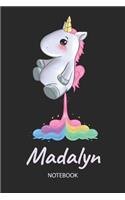 Madalyn - Notebook: Blank Lined Personalized & Customized Name Rainbow Farting Unicorn School Notebook / Journal for Girls & Women. Funny Unicorn Desk Accessories for K