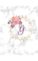 G: Monogram Initial G Notebook for Women, Girls and School, White Marble and Floral 8.5 x 11