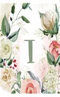 Notebook 6"x9" Lined, Letter/Initial I, Green Cream Floral Design