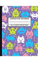 Composition Notebook Cursive Writing Paper: Video Game Pixel Trendy Computer Back to School Quad Writing Book for Students and Teachers in 8.5 x 11 Inches