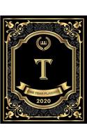 T - 2020 One Year Planner: Elegant Black and Gold Monogram Initials - Pretty Calendar Organizer - One 1 Year Letter Agenda Schedule with Vision Board, Habit Tracker Dot Grid, 