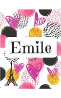 Emile: Journal de nom personnalisé Carnet de nom personnalisé Conception de coeurs et de cercles Couleurs roses et noires