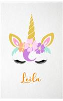 Leila A5 Lined Notebook 110 Pages: Funny Blank Journal For Lovely Magical Unicorn Face Dream Family First Name Middle Last Surname. Unique Student Teacher Scrapbook/ Composition Great