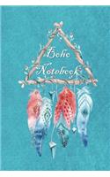 Boho Notebook: 140 Lined Pages Softcover Notes Journal, College Ruled Composition Notebook - Teal Hanging Feathers