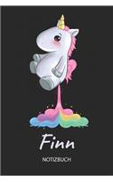 Finn - Notizbuch: Individuelles personalisiertes Mädchen & Frauen Namen blanko Regenbogen pupsendes Einhorn Notizbuch. Liniert leere Seiten. Ideal als Uni & coole Sch