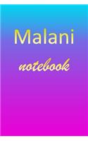 Malani: Blank Notebook - Wide Ruled Lined Paper Notepad - Writing Pad Practice Journal - Custom Personalized First Name Initial M Blue Purple Gold - Taking 