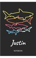 Justin - Notebook: Blank Lined Personalized & Customized Name 80s Neon Retro Shark Notebook Journal for Men & Boys. Funny Sharks Desk Accessories Item for 1st Grade / 