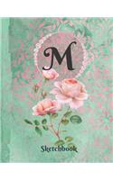 Basics Sketchbook for Drawing - Personalized Monogrammed Letter M: Framed White Pages Drawing Notebook of Green and Pink Damask Lace with Roses on Glossy Cover