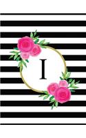 Black and White Striped Pink Floral Monogram Journal with Letter I