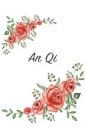 An Qi: Personalized Notebook with Flowers and First Name - Floral Cover (Red Rose Blooms). College Ruled (Narrow Lined) Journal for School Notes, Diary Wri