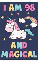 Unicorn Journal 'I'm 98 And Magical' - Unicorn Notebook - 98 Year Old Birthday Gift for Women Diary - Unicorn 98th Birthday Gift