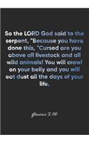 Genesis 3: 14 Notebook: So the LORD God said to the serpent, "Because you have done this, "Cursed are you above all livestock and all wild animals! You will cr