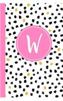 W: Confetti Polka Dot Letter W Monogram Personalized Journal, Black White & Pink Monogrammed Notebook, Lined 6x9 Inch College Ruled 120 Page Perfect Bo