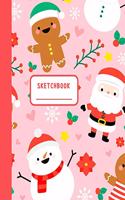 Sketchbook: A Christmas Themed Large Notebook with 120 Blank Pages, Cartoon Xmas and Winter Images Inside (Cute Girly Pink Cover of Santa, Gingerbread & Xmas Or