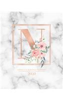 Weekly & Monthly Planner 2020 N: Rose Gold Marble Monogram Letter N with Pink Flowers (7.5 x 9.25 in) Vertical at a glance Personalized Planner for Women Moms Girls and School