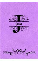 Split Letter Personalized Journal - Julia: Elegant Flourish Capital Letter on Light Orchid Leather Look Background