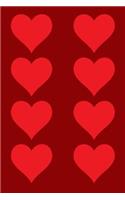 100 Page Unlined Notebook - Red Hearts on Maroon